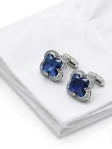 Zk19 Deep Blue Four-Leaf Clover Zircon Business Cufflinks, Elegant Leaf Print Design, Perfect for All Seasons, Stylish Office Accessories