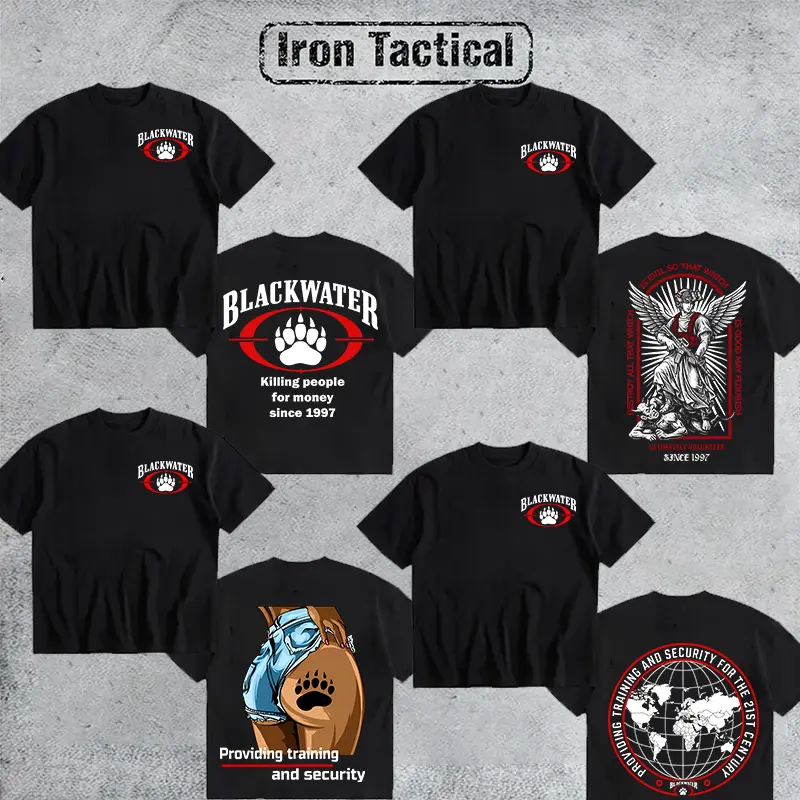 Iron Tactical Blackwater Killing People For Money Since 1997 Graphic T-Shirt Black | Dark Humor Military Satire Tee | Bear Paw Logo Streetwear | Mercenary Aesthetic Unisex Top | Edgy Tactical Wear