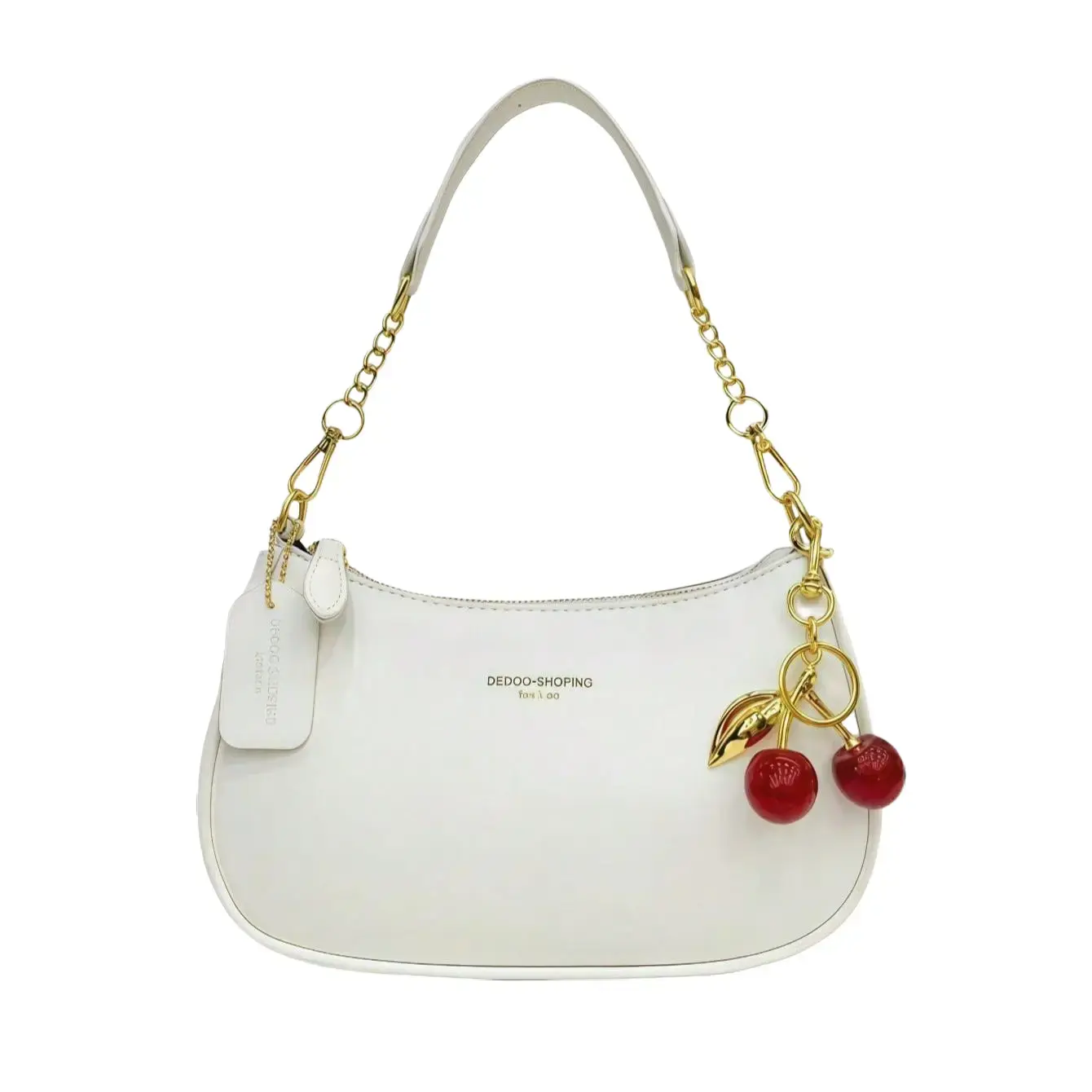 Cute Shoulder Bag with Bag Charms, Fashionable Classic Letter Patterns Pearl Cherry Pendant Decoration Design Solid Color PU Waterproof Fabric Beach Vacation Bag Women's Wallet Handbag Crossbody Bag Crescent Bag Armpit Bag Summer Crescent Bag