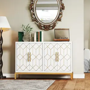 47.8" Accent Storage Cabinet with 4 Doors, Modern Sideboard Buffet Cabinet with Gold Lines, Wood Decorative Credenza with Storage for Living Room, Kitchen, Dining Room, Entryway, White
