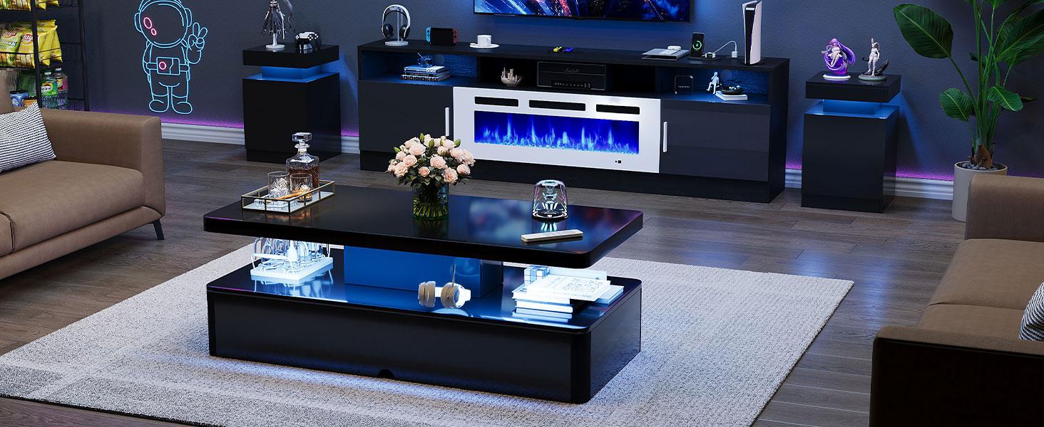 Modern Coffee Table, 40 Inches Coffee Tables with 16 Colors LED Lights, 2 Tier Rectangular Center Table, Large Storage Space, High Glossy Wooden Tea Table for Living Room, Bedroom, Office, Black