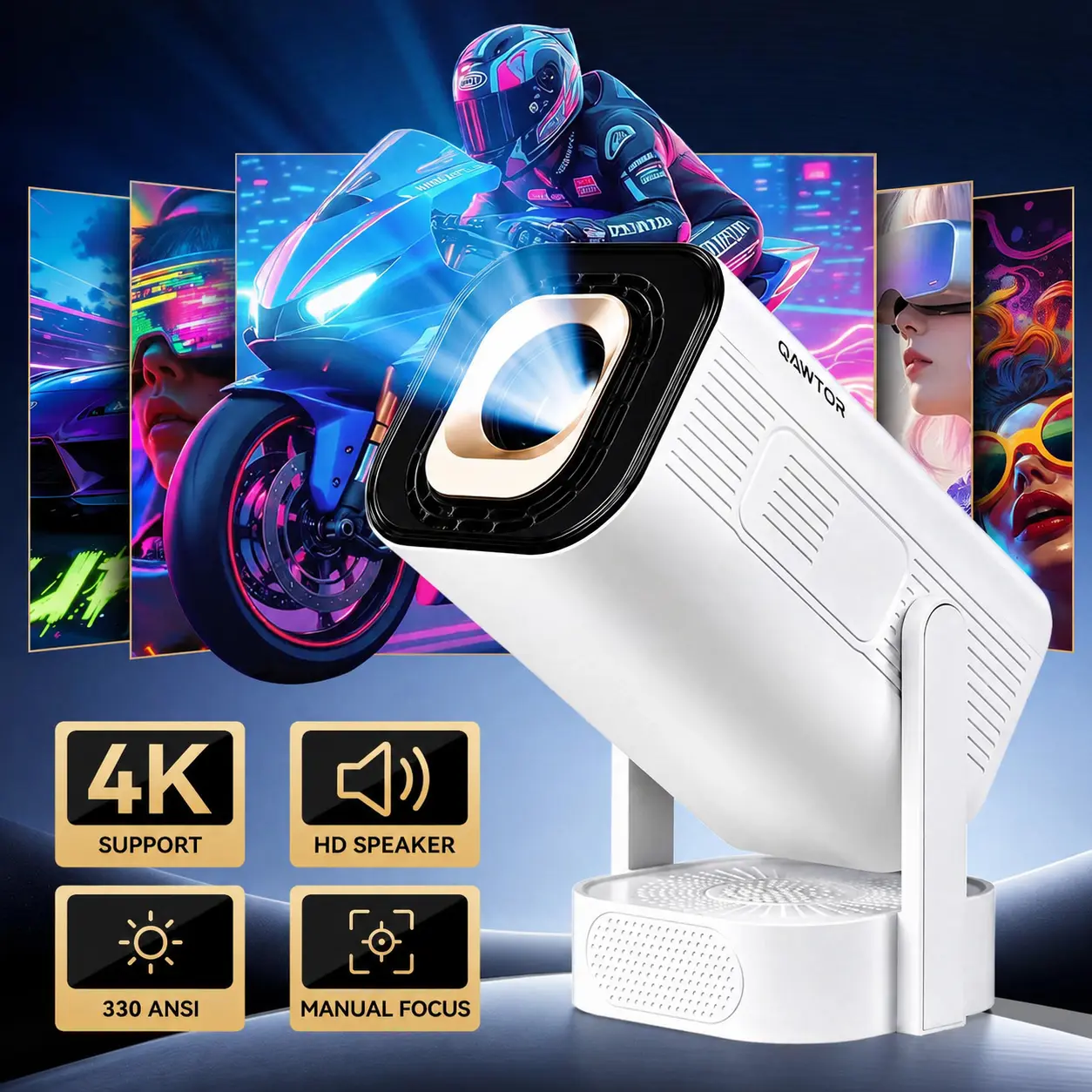 Portable Native Projector with 4K Support, 330 ANSI, WiFi 6 & Bluetooth 5.0 – Mini Home Theater Movie Projector with Built-In Speaker & Wireless iOS/Android Screen Mirroring