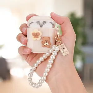 Cute Kawaii AirPods 2nd 1st Generation Case Aesthetic for Women and Girls with Pearl Chain Smooth Soft Protective Cover