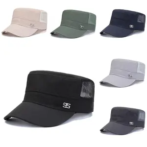 2-Pack Men's outdoor mesh breathable flat top military hat, adjustable sports retro sun hat, summer commuting sun protection duckbill hat, metal label student hat