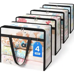 4 Pack Clear Clothes Storage Bags, Moving Bags, Foldable Blanket Storage Under Bed Storage Containers with Sturdy Zipper and Handle for Clothing, Comforter, Bedding, Sheet (40L)