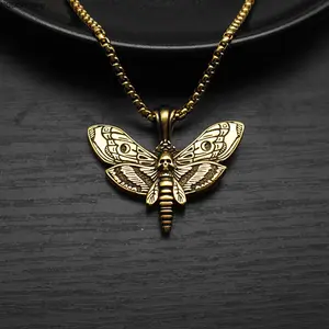 Gold Skull Moth Pendant Necklace - Trendy Gothic Death Head Moth Skull Insect Necklace with Intricate Wing Details on Gold Chain, Lightweight Bold Statement Jewelry for Men Women, Perfect for Daily Streetwear Festival Party & Edgy Dark Aesthetic Looks