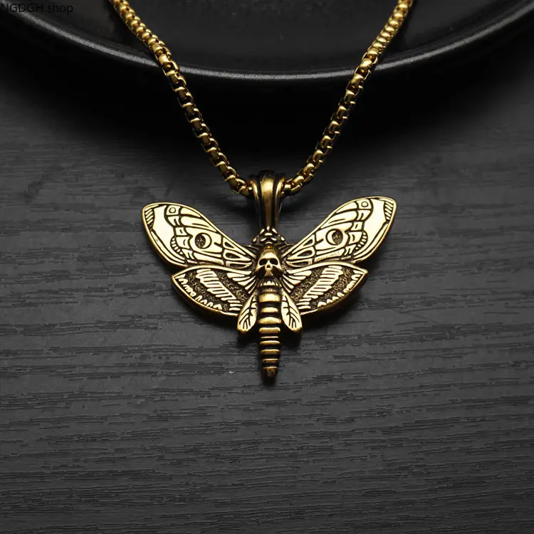 Death Head Moth Pendant Statement Piece Necklace, Gothic Gold-Tone Metal Unisex Jewelry, Edgy Accessory for Streetwear & Festival Looks, Insect