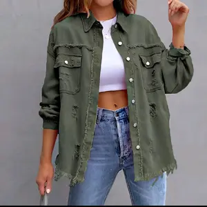 On Repeat Distressed Denim Shirt S-XXL Black Red or Olive Autumn Lightweight Oversized Boyfriend Fit Raw Frayed Hem & Sleeve Detail