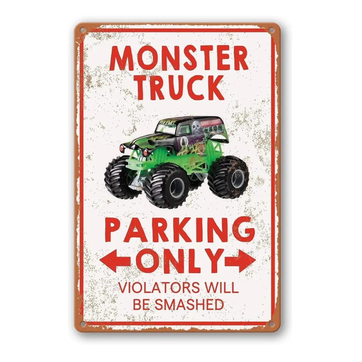 Ainbash Green Metal Monster Truck Wall Sign - 8x12 Inches Rectangular Home Decor Wall Mounted Plaque, Signs