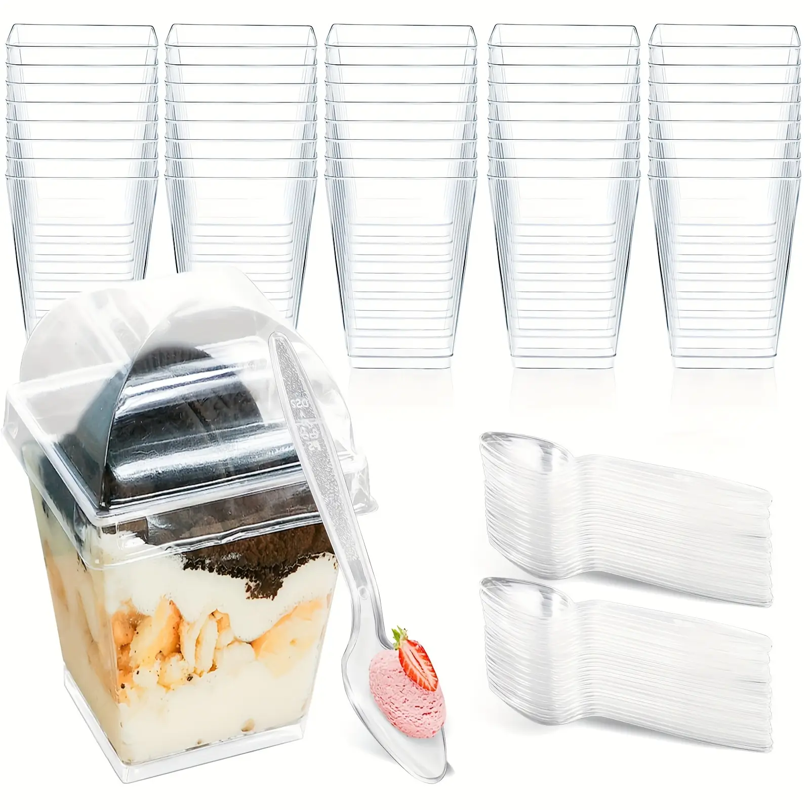 Mwellewm 50 Packs 50Z Disposable Mini Clear Plastic Dessert Cups with Lids and Spoons, Mini Clear Plastic Dessert Parfait Cups for Party, Dessert Shot