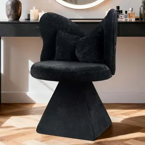 360° Swivel Vanity Chair with Back and Pillow,Chenille Comfy Makeup Chairs for Vanity,Black Modern Desk Chair No Wheels for Bedroom,Living Room (Black)