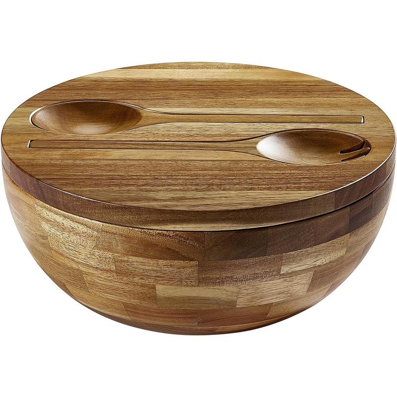 Acacia Wood Salad Bowl Set with Lid, 10.5" Large Serving Bowl, 4-Piece Set with Reversible Lid, Built-in Wooden Fork & Spoon fruit bowl Tableware
