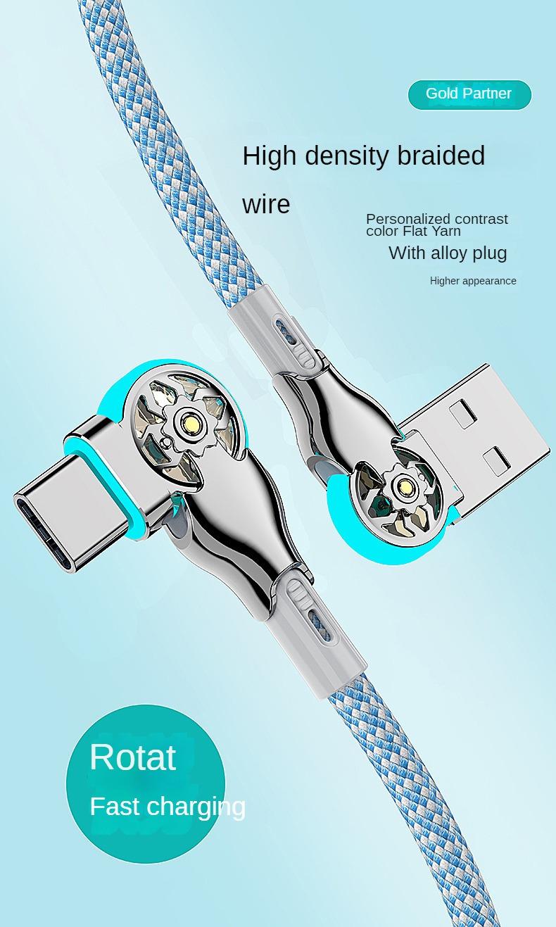 Quick Charging Type-C Data Cable with Dual Elbow Rotation for iPhone, Android, Samsung, Huawei, and More