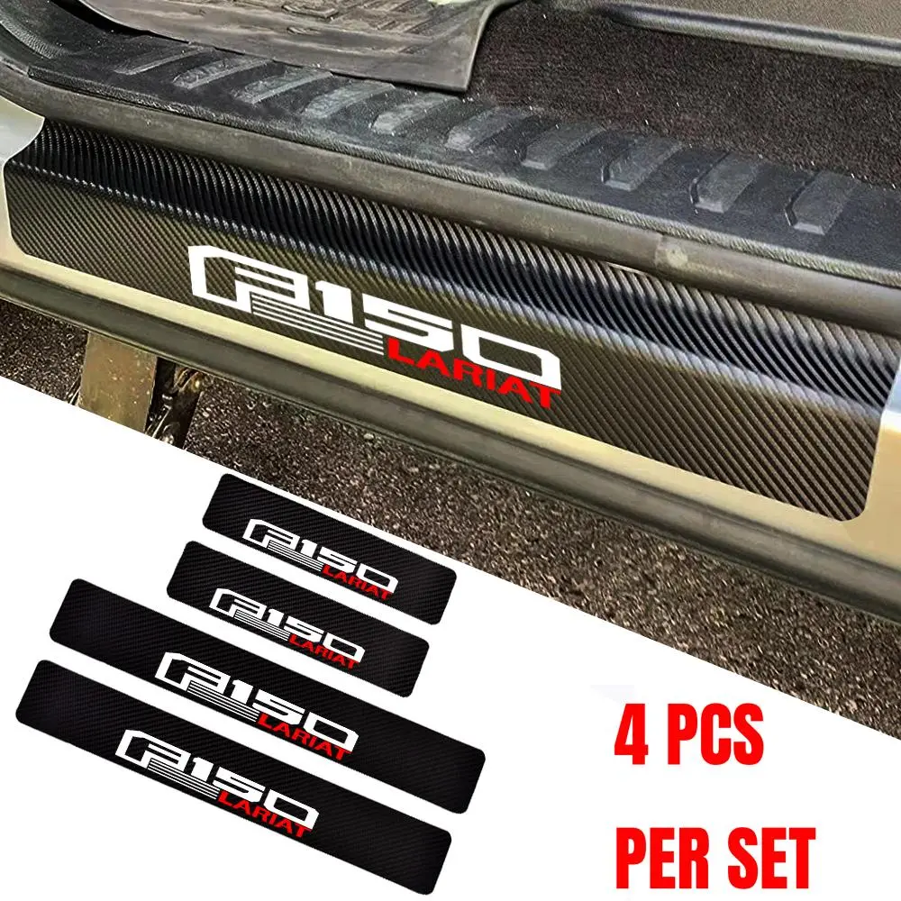 4pcs Car Door Sill Protector Carbon Fiber Texture Stickers Pickup Truck Door Sill Decoration Decal Compatible with Ford F150 Lariat F-150 Lariat, Car Door Trim Sticker, Vehicle Exterior Decoration