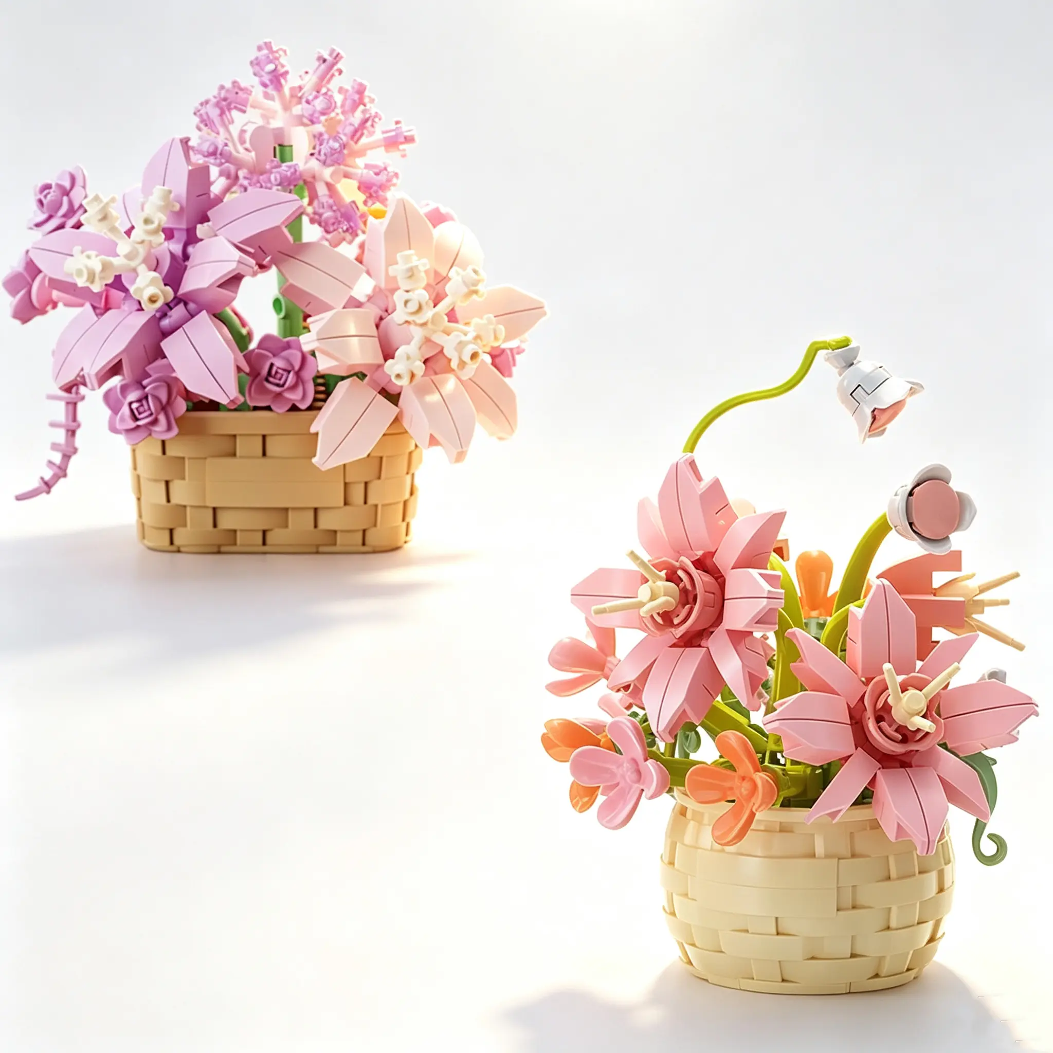 2-Pack Mini Building Block Flower Basket Set, Miniature Floral Construction Toy, Brick Arrangement Kit, Artificial Small Flower Pot Tabletop Decor, Birthday Gift for Women Kids