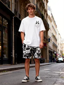 Men's Summer Outdoor Quick-Dry Short Sleeve T-Shirt + Shorts Set, Cute Panda Pattern, Street Style Casual Fitness Running Wear