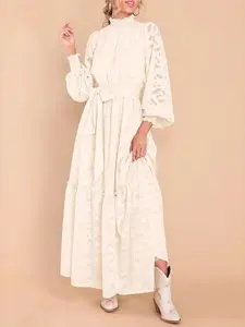 Women's Court Style Dress with Tie Waist, Fit, Lantern Sleeves, Cream White, Embroidered Long Skirt, Casual Chic Elegant Wedding Guest Cocktail Evening Party Midi Dress for Women, All Seasons Wear Womenswear