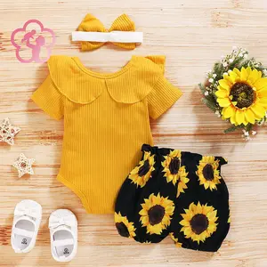 (95% Cotton) GCB 3PCS Baby Girl Clothes Set Short Sleeved Solid Color Ruffled Romper + Sunflower Print Shorts + Bow Headband