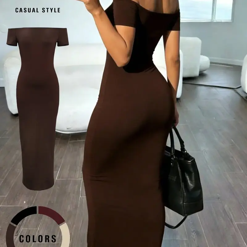 Choove Women's Off-Shoulder Short Sleeve Bodycon Maxi Dress Fabric, Stretch Fitted Long Dress for Date Night, Party and Evening Wear