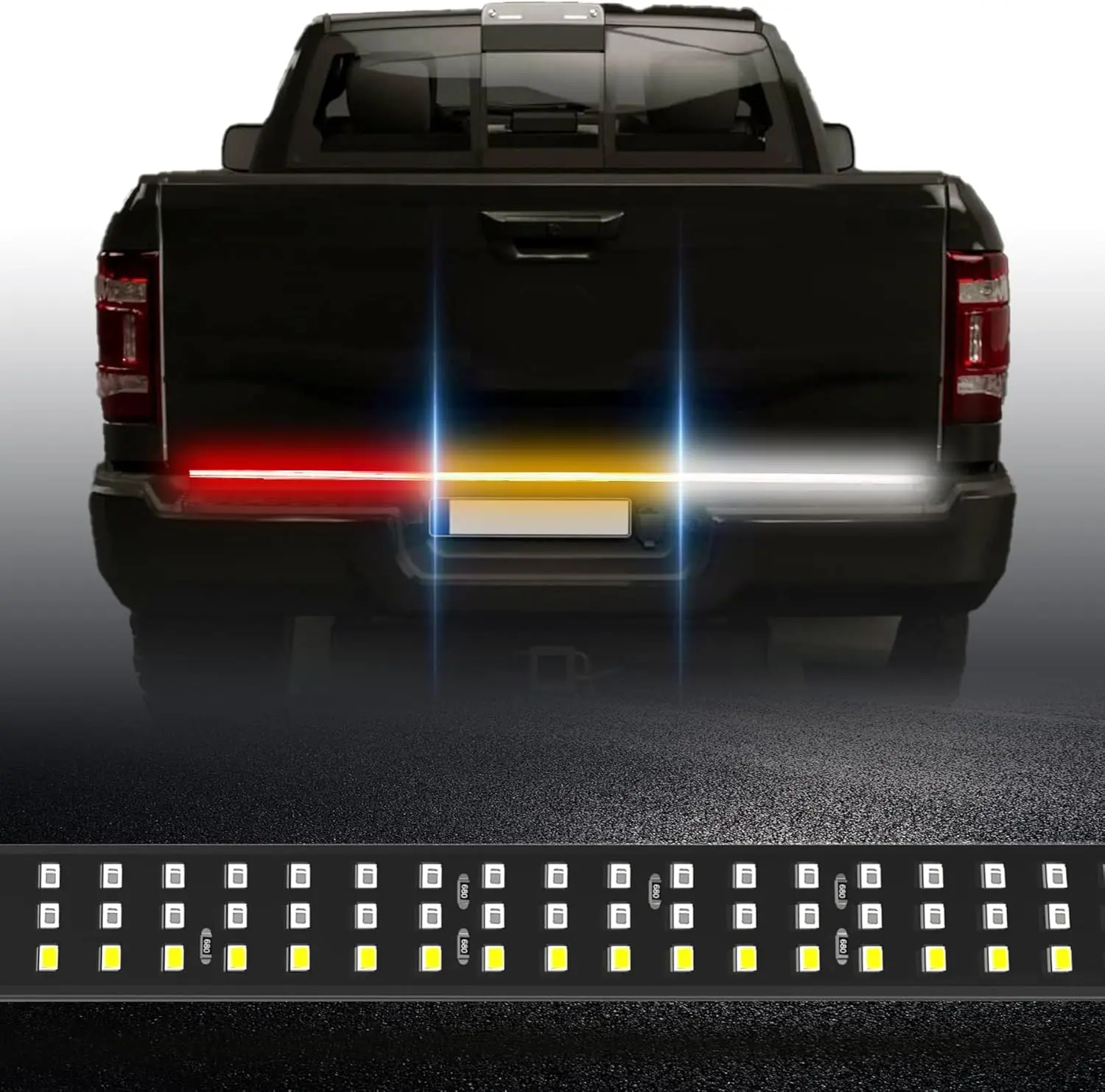 48" Tailgate Light Bar, Aluminum Frame Triple Row LED Tailgate Light Strip for Trucks with Red Running Brake Lights White Reverse Sequential Amber Turn Signal, IP68 Waterproof