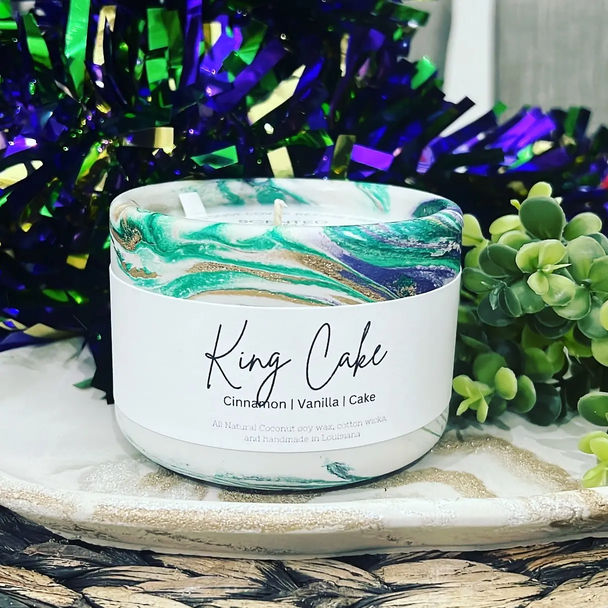 King Cake Mardi Gras- Handmade Concrete Candle Jar