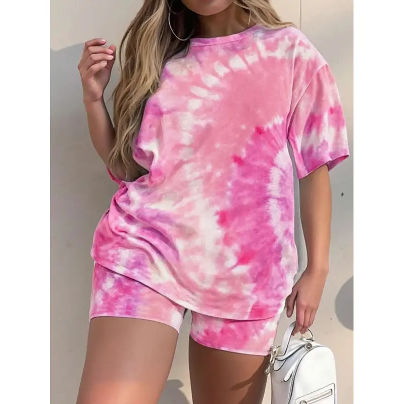 Women's Plus Size Polyester 2-Piece Colorful Style Tie-Dye Clothes Set - Short-Sleeve Round Neck Drop Shoulder Loose-Fit Casual Top & Breathable Pants for Daily Wear, Women's Clothes, Spandex, T-Shirt, Shortsleeve, Fabric, Knitted