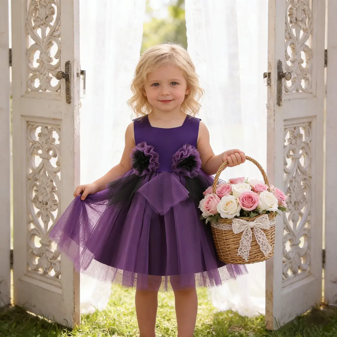 2183 Baby Girl Dress 1 Years Old Purple Wedding Dress Newbornbaby Girl Clothes Korean Style Flower Mesh Tutu Dress Girls' Birthday Party Dress Princess Dress