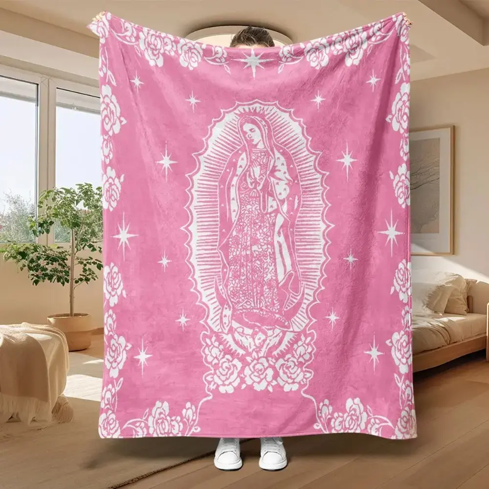 Pink Virgin of Guadalupe Floral Plush Fleece Throw Blanket, Machine Washable, for Living Room Room Decor and House Decor