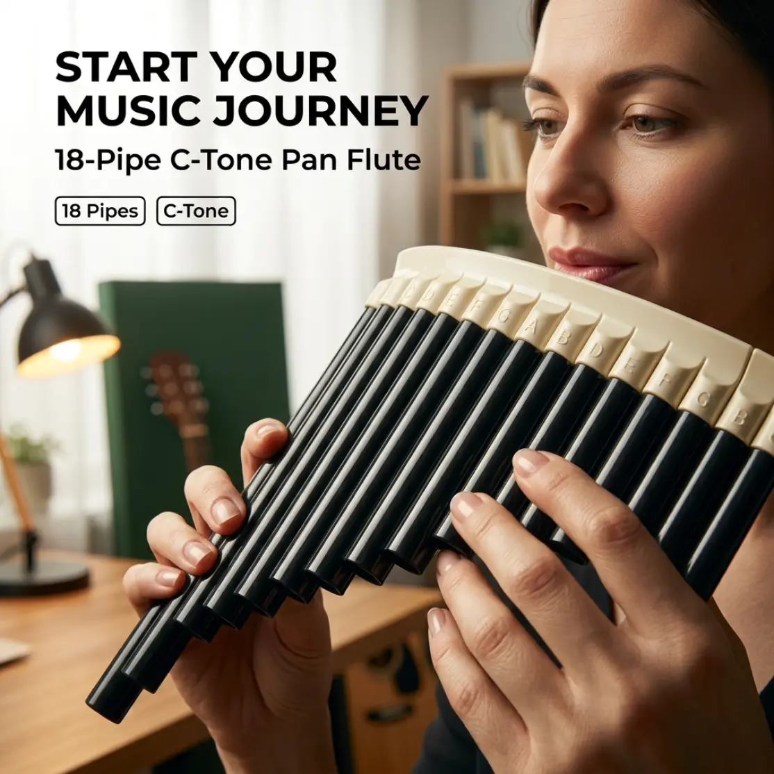 Unisex 18-Pipe Detachable C-Tone Pan Flute Music Equipment - ABS Plastic Wind Instrument Kit with 2 Removable Tubes, Fixed Angle Mouthpiece & Carrying Bag for Beginners, Practice