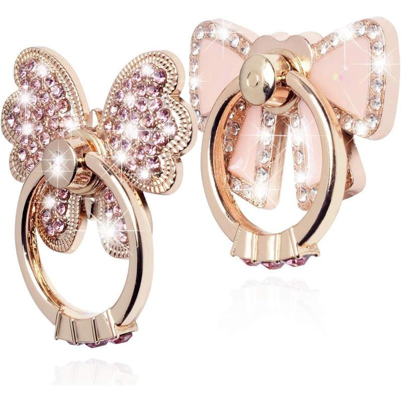 Finger Ring Stand Popsocket,2 Pack Luxury Glitter  Universal Metal Pop Socket for  15/14/13/12/11 Pro Max, Galaxy S24/S23/S22 Ultra, Finger Ring Grip Holder for All Smartphone, Pink/Bow