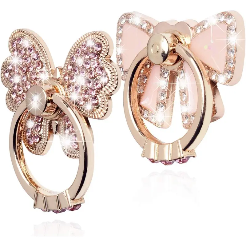 Finger Ring Stand Popsocket,2 Pack Luxury Glitter  Universal Metal Pop Socket for  15/14/13/12/11 Pro Max, Galaxy S24/S23/S22 Ultra, Finger Ring Grip Holder for All Smartphone, Pink/Bow
