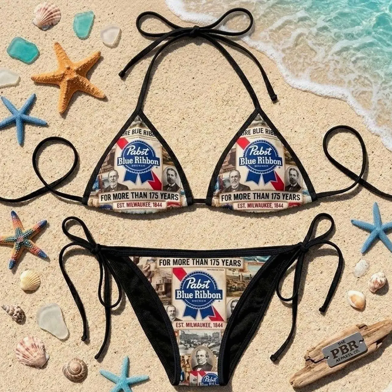 Vintage Y2K Pabst Blue Ribbon Beer Print String Bikini Hot Beach Summer All Size 8HF 1AH 3X2