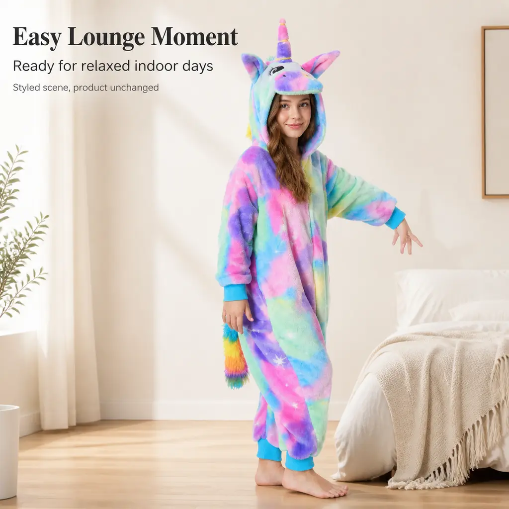Girls' Flannel 1-Piece Pajamas - Cartoon Animal Prints, Rainbow Stars, Pegasus, Unicorn