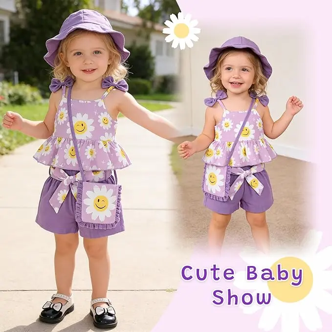 Younger Tree Casual Kids Clothing Girls, 4-Piece Toddler Outfit Set in Cotton with Square Neck Ruffle Top, Shorts, Hat & Bag