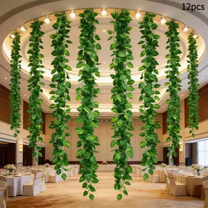 12Pcs Artificial Ivy Garland, Fake Vines Green Leaves, Hanging Faux Ivy Plants for Wedding Arch Wall Home Garden Party Staircase Fireplace Ceiling Decor, Indoor Outdoor Artificial Hanging Plants