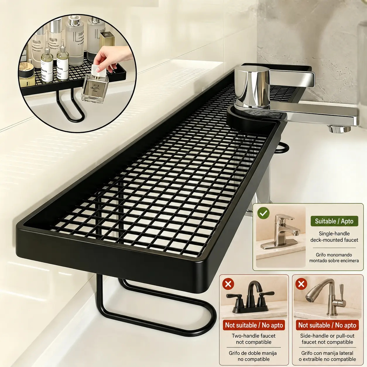Over-the-Sink Bathroom Countertop Organizer Rack, Rust-Resistant Metal Vanity Storage Shelf with Drainage Mesh, Faucet Cutout & Raised Guardrail, Space-Saving Organizer for Toiletries and Skincare
