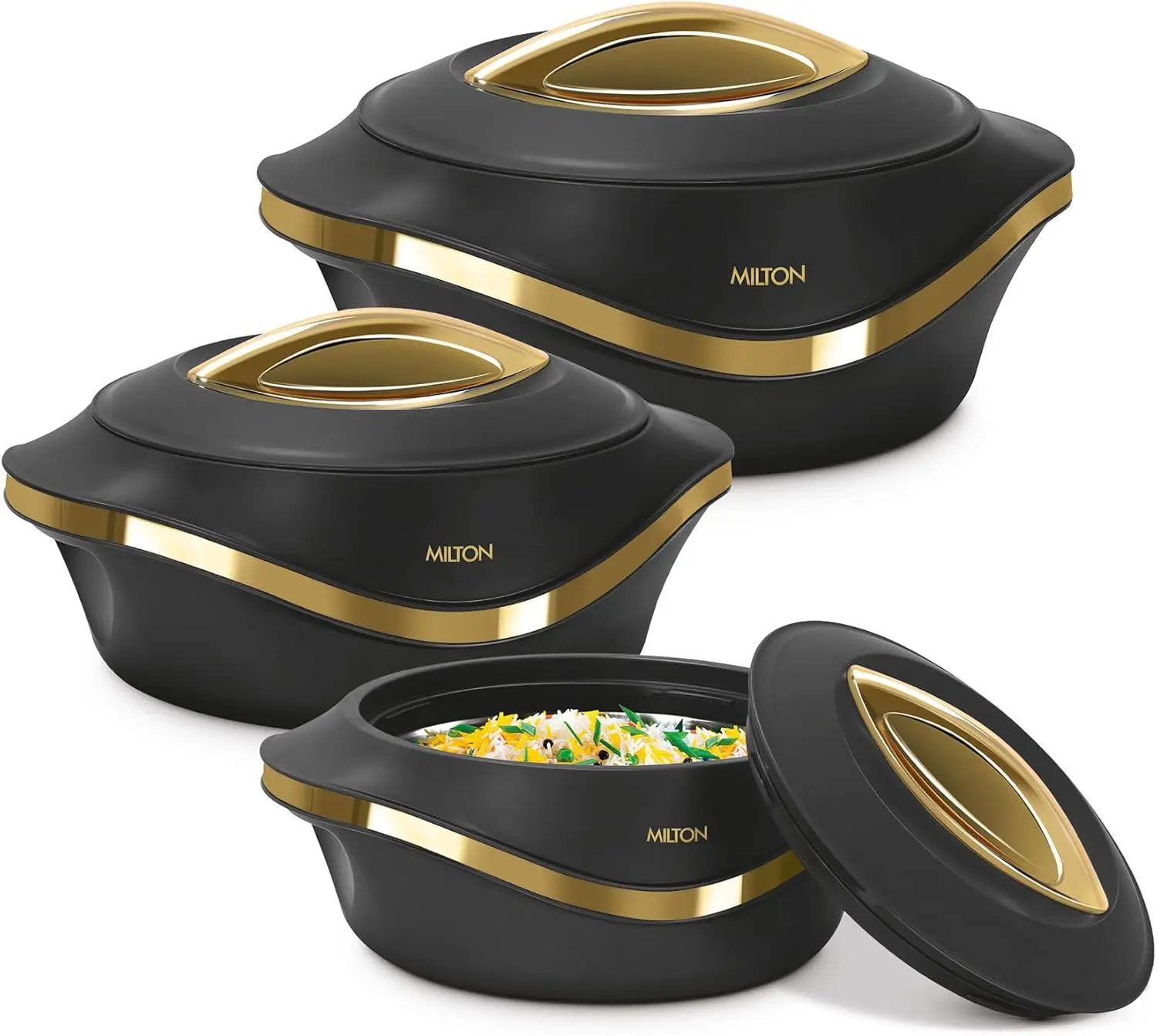 MILTON Insulated Casserole Dish with Lid 3 pc Set 2.1/1.5/1 qt. Hot Pot Food Warmer/Cooler –Thermal Soup/Salad Serving Bowl- Stainless Steel Hot Food Container