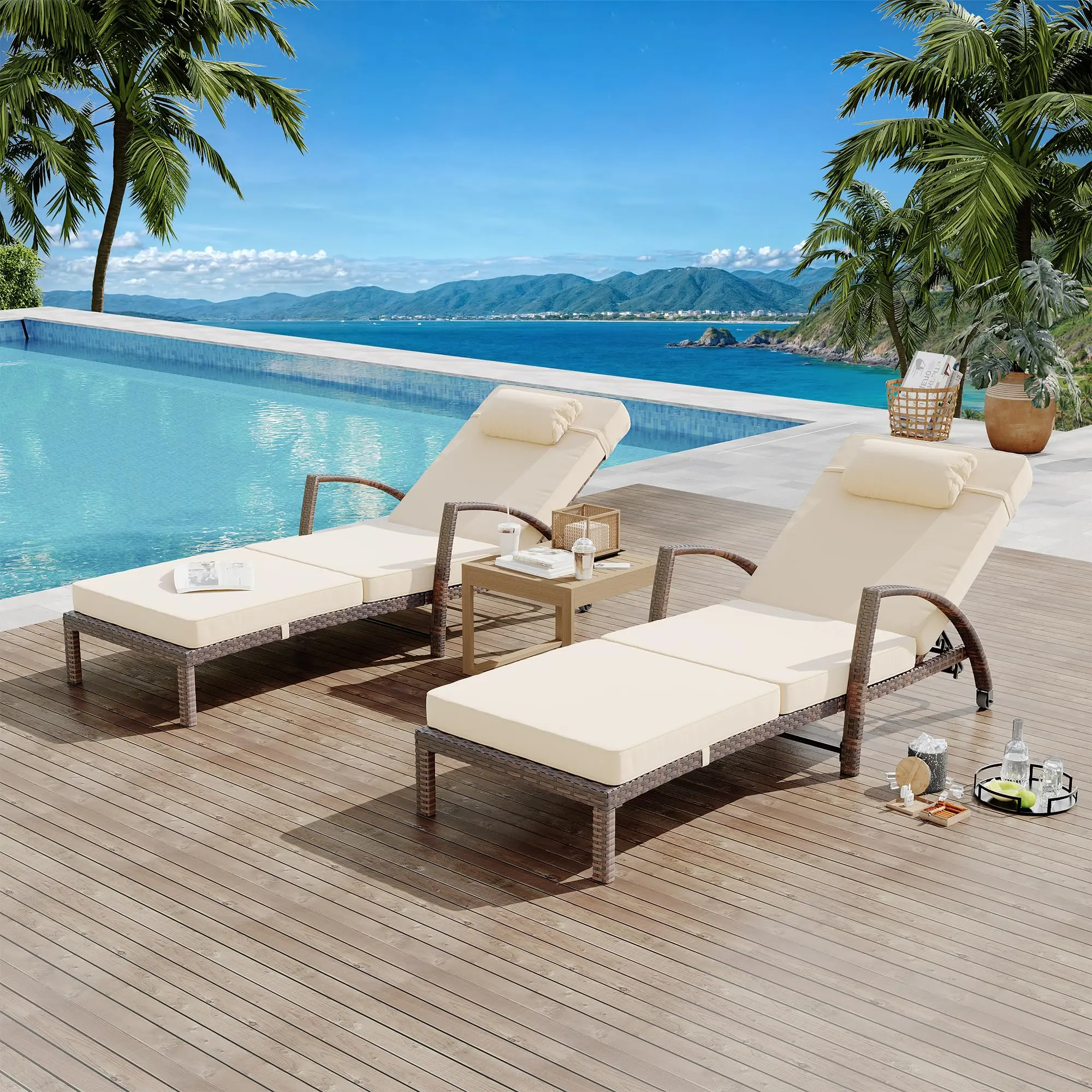 2 Pack PE Rattan Chaise Lounge Chairs - 5-Position Adjustable Recliner with Cushions, Armrests & Wheels, Weather-Resistant Collapsible Patio Wicker Furniture for Pool Deck, Adjustable Outdoor Lounger