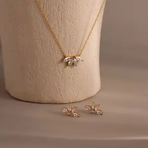 Marquise Diamond Necklace & Earrings Set by Caitlyn Minimalist - Set of 2: Dainty Floral Charm Necklace & Marquise Crystal Stud Earrings - Wedding Jewelry Set - Bridal Shower Gift for Her