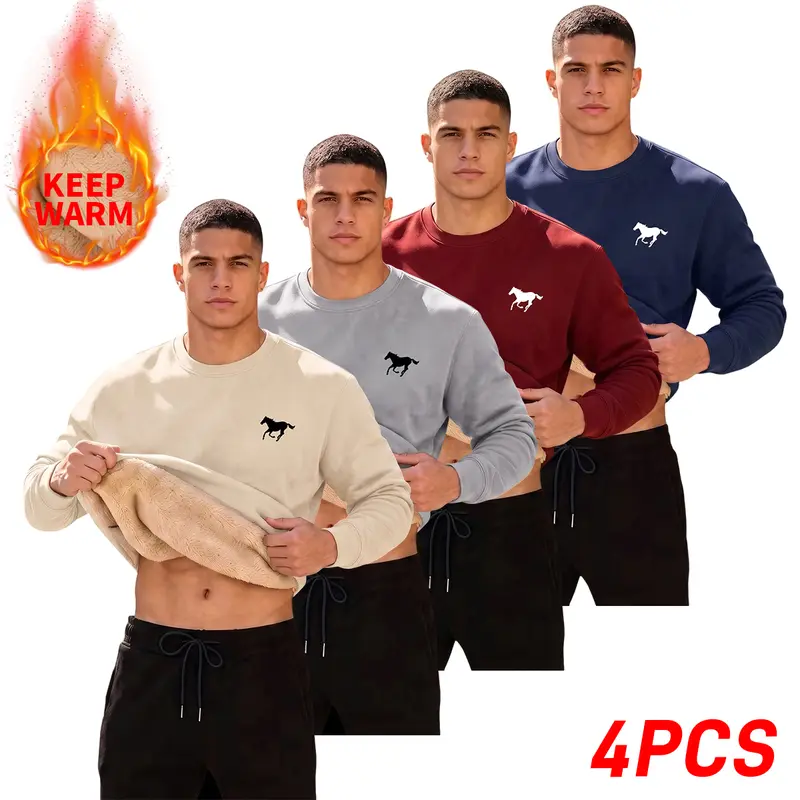 【JOGWAVE】Men's Fitted Cut Longsleeves Thick Fleece Printed Crew Neck Streetwear Pullover, Polyester Machine-Washable Casual Warm Men's Clothing Tops for Outings