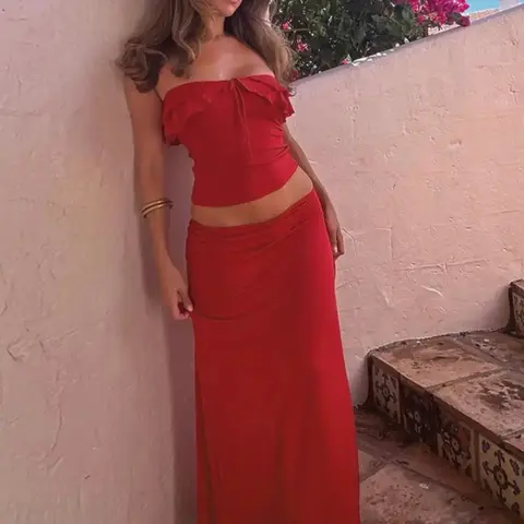 Two-Piece Set Women's Solid Color Tube Top & Skirt, Chic Backless Crop Top & Skirt for Beach Holiday Vacation, Ladies Clothes for All Seasons
