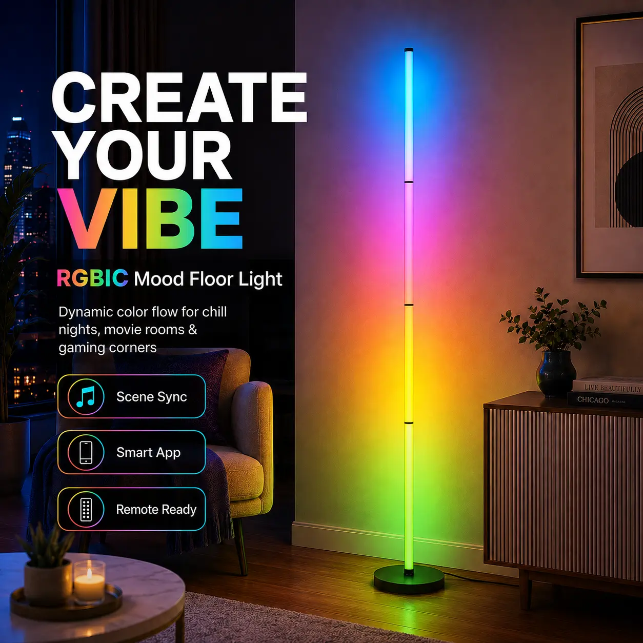 RGBIC Corner Floor Lamp, 4-Section LED Light with Flowing Multicolor Effects, Music Rhythm Sync, App, Remote & Timer Control, USB Powered for Bedroom, Living Room and Party Decor