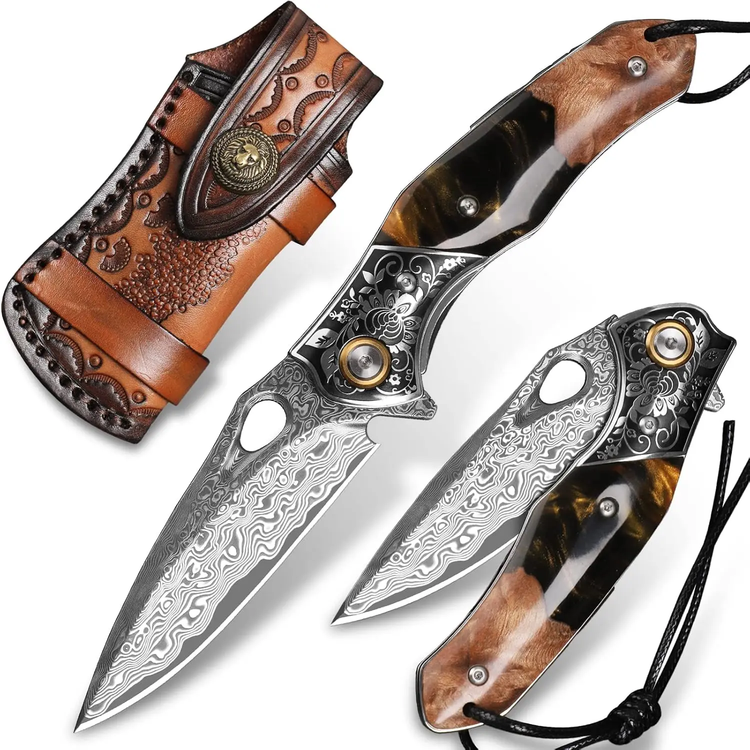 ALVELY Handmade Japanese Damascus Steel Knives - 3.1in VG10 Blade, Liner Lock, Resin & Maple Handle, Leather Scabbard, EDC Outdoor Camping Gear for Men, Christmas Gift Option