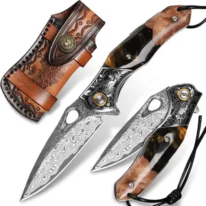 ALVELY Handmade Japanese Damascus Steel Pocket Knife, 3.1 Inch VG10 Blade, for Men and Women, with Leather Scabbard, Liner Lock, Resin and Maple Handle, Suitable for EDC Outdoor Camping, Christmas Gift for Men and Women Survival Tools Survival Gear