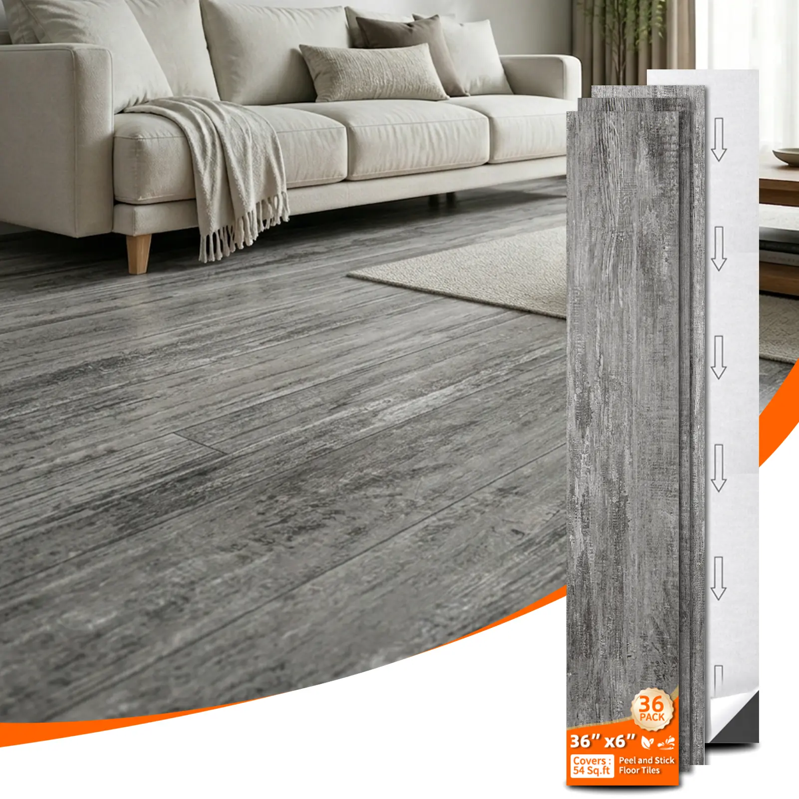 Art3d Peel and Stick Vinyl Flooring Planks, 36-Pack 54 Sq. Ft., 36" x 6" Wood Grain Self-Adhesive Floor Tiles, Scratch-Resistant PVC Flooring for Living Room, Bedroom, Kitchen & Office