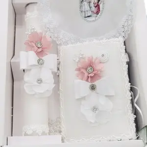 First Communion Candle Set with 8”Candle, Rosary, New Testament & Decorative Elements in Box  Girls English & Spanish