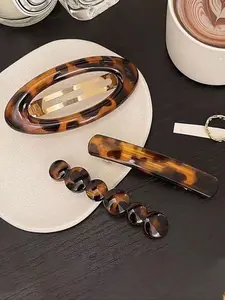 3pcs Vintage Elegant Leopard Print Oval Six Ring Hair Clips, Spring Bar Bobby Pins, Barrettes for Half Updo, Casual Party Use, Flat Hair Clips