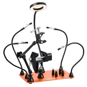 Magnetic Helping Hands Soldering Station, 4 Arms Third Hand Tool, with Vise, 3X LED Magnifying Lamp, 4 PCB Holder 360 Air Gun Holder, Soldering Helper for Electronic Repair Craft Hobby
