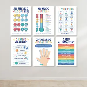 6pcs Emotions Educational Posters - Classroom Wall Art, Classroom Supplies for Emotional Regulation & Coping Skills, Feelings Chart with Calming Strategies, Daily Affirmations & Breathing Exercises, Learning Materials