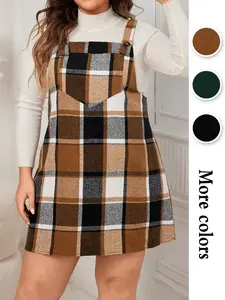 Plus Size Women's Plaid Backless Dress (no Top), Casual Everyday Wear Sleeveless A-Line Design, Fall & Winter Fitted Pockets Style, Casual Chic Dress